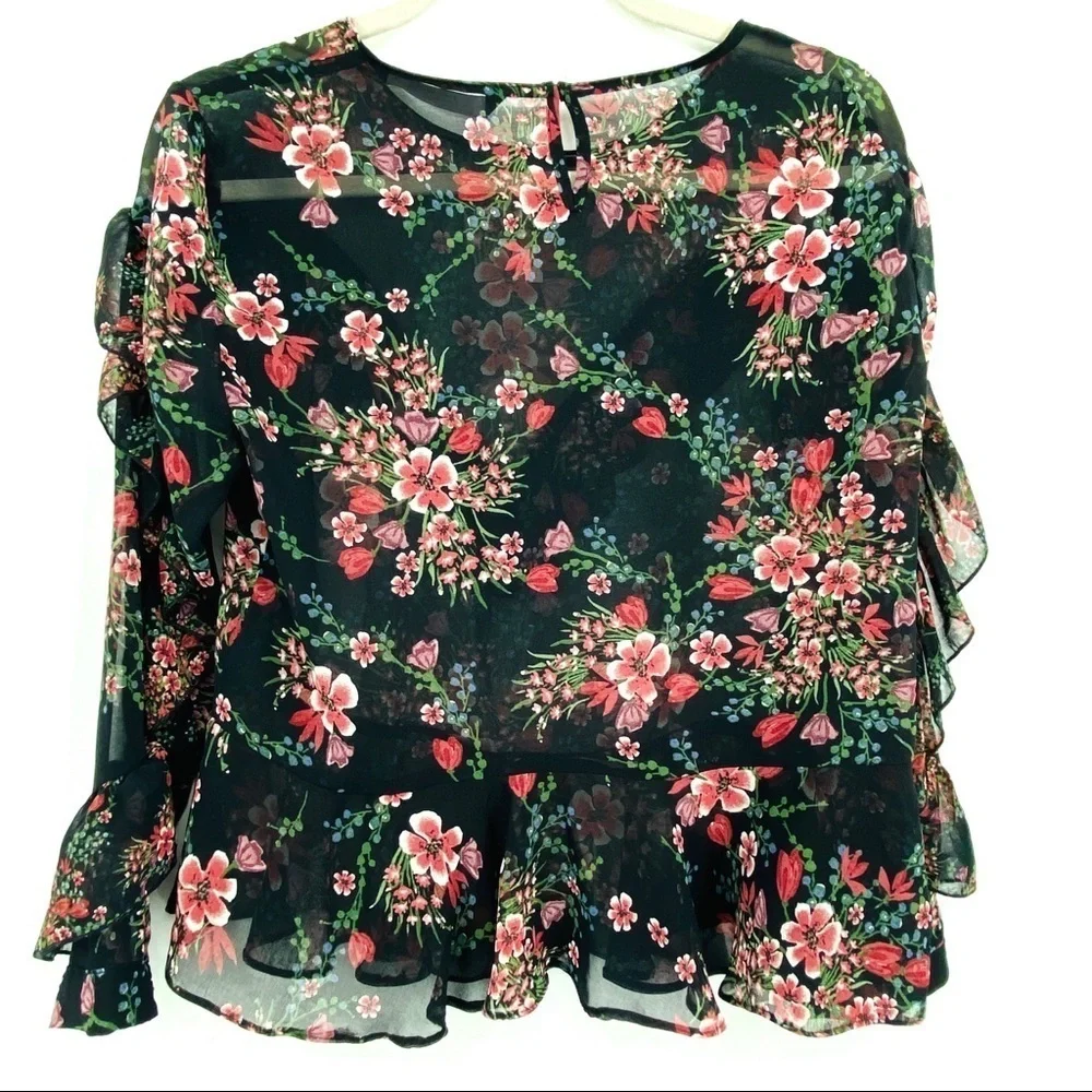 Zara Women Sheer Floral Long Sleeve Ruffled Layered Pink Black Cuffed Blouse SzM - Picture 3 of 15